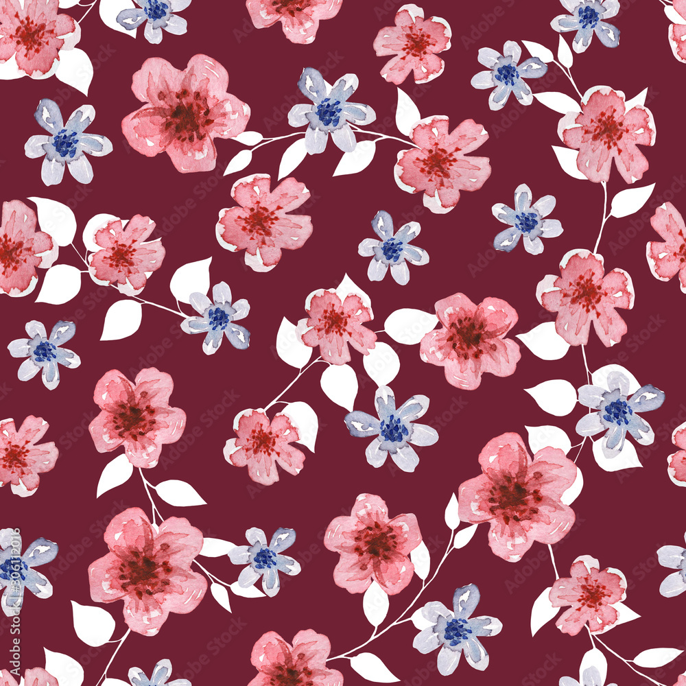 Seamless floral background for decoration, textile, design, scrapbook. Watercolor pattern with flowers.