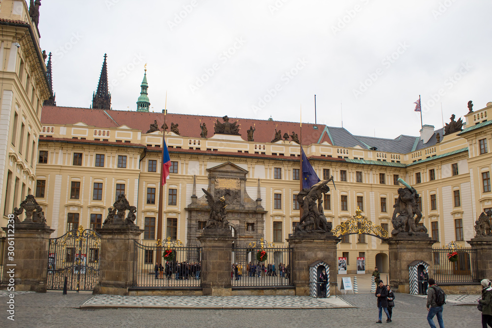 Fototapeta premium Old Royal Palace Prague Castle early in the morning on a working day in the Czech capital Prague on the eve of Christmas.
