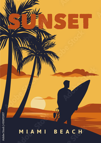 sunset miami beach poster illustration surfing vintage retro style photo