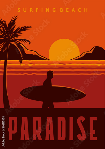 surfing beach paradise poster illustration surfing in vintage retro style