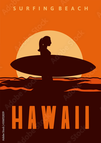 surfing beach hawaii poster illustration design woman silhouette surfboard vintage retro style