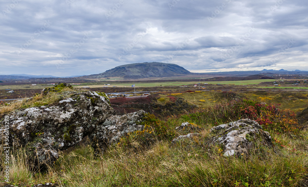 typical icelandic landscape near Kerid Crater Lake, formed from an inactive volcano, can be found off the Golden Circle Iceland