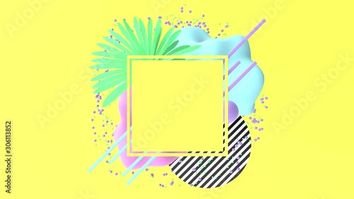 Colorful video geometric frame with seamless loop motion elements and palm leaves. Yellow, pink and blue colors. 4k animation. Modern trendy 3d design. 80'sand 90s style.
