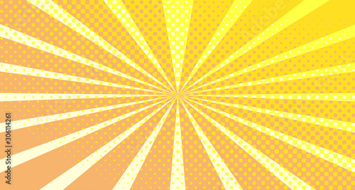 Vintage colorful comic book background. Orange blank bubbles of different shapes. Rays  radial  halftone  dotted effects. For sale banner empty Place for text 1960s. Copy space vector eps10.
