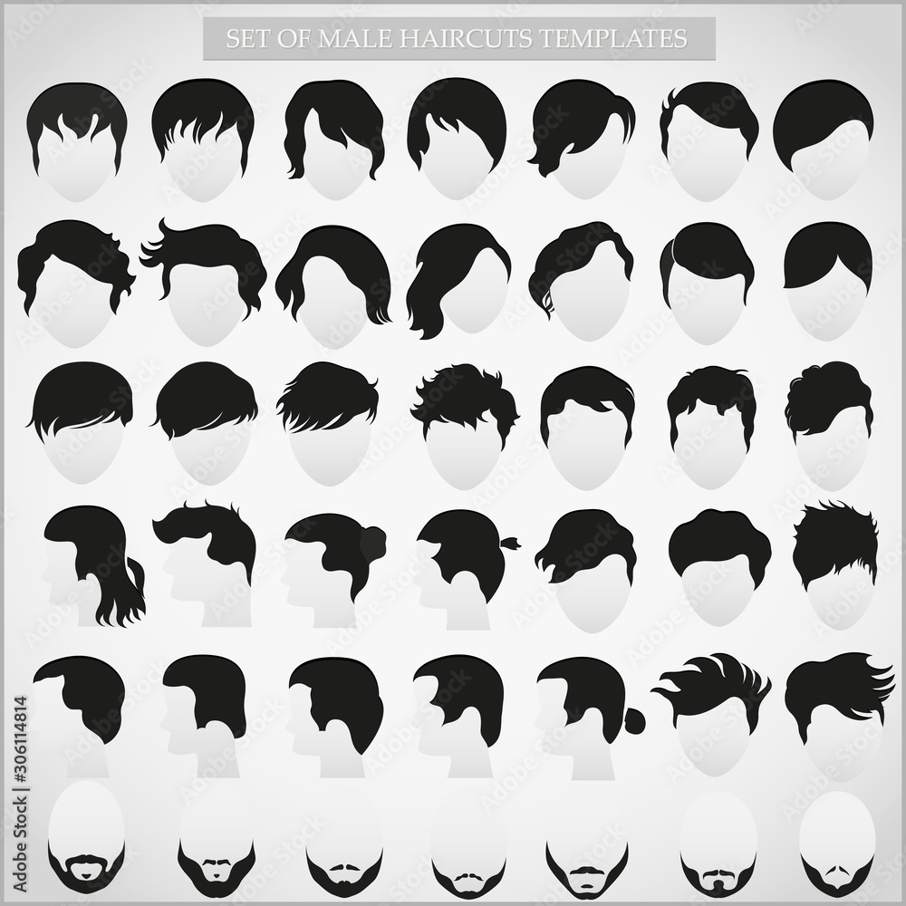 Vector set of men's hairstyles and haircuts on a light background. Patterns of men's hairstyles.