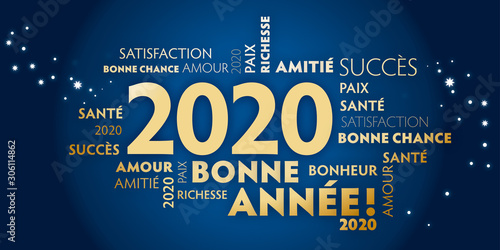 Carte de voeux – bonne année 2020 - bleu et dorée.