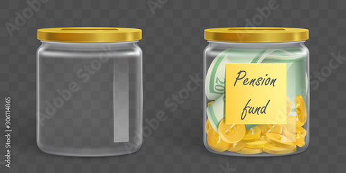 Empty clear money box and full of gold coins and banknotes with label Pension fund. Vector glass jar with dollars cash isolated on transparent background. Investing, saving money for retirement