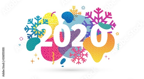 Horizontal abstract geometric design for happy new year 2020. Winter holiday colorful banner with vector liquid shape and snowflakes on background. Template Xmas graphic elements with dynamic shape.