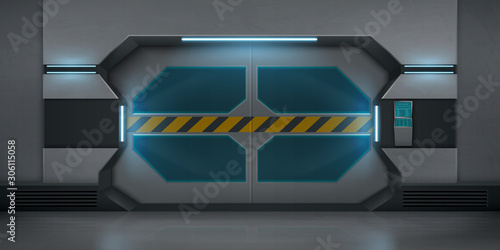 Realistic metal sliding doors with warning striped tape. Vector futuristic interior of empty hallway in spaceship or lab. Closed gate with security code lock keypad and display on the wall