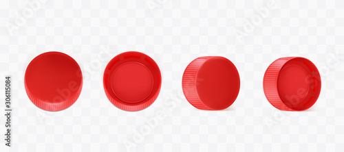 Red plastic bottle caps from different sides view. Vector realistic mockup with pet screw lids for pack of mineral water, soda, beer isolated on transparent background