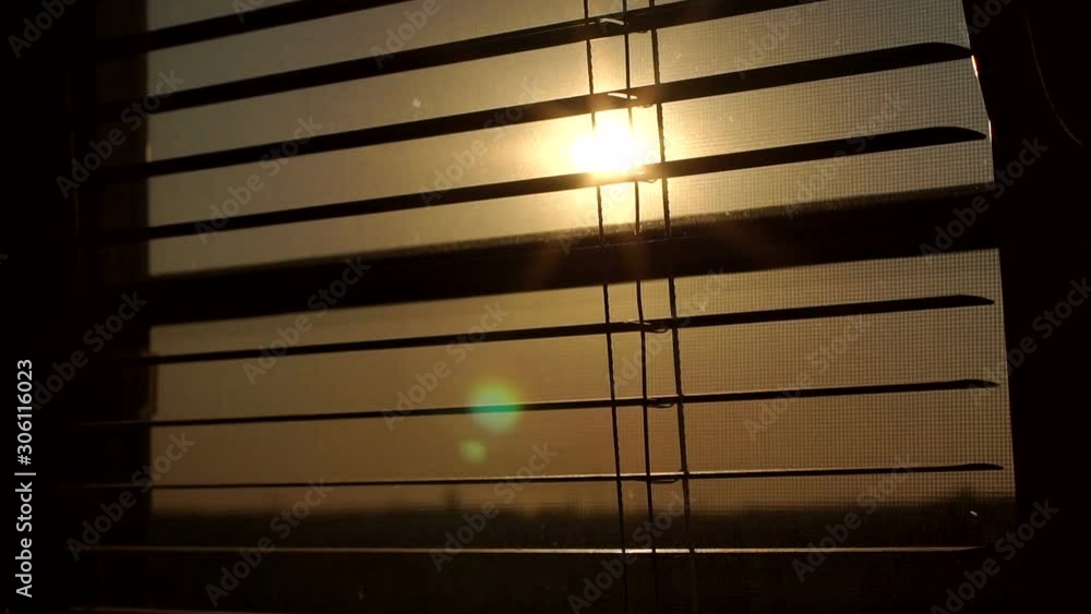 Sunrise behind the window blinds and mosquito net. Rising sun behind window blinds. Sunlight behind vertical blinds.