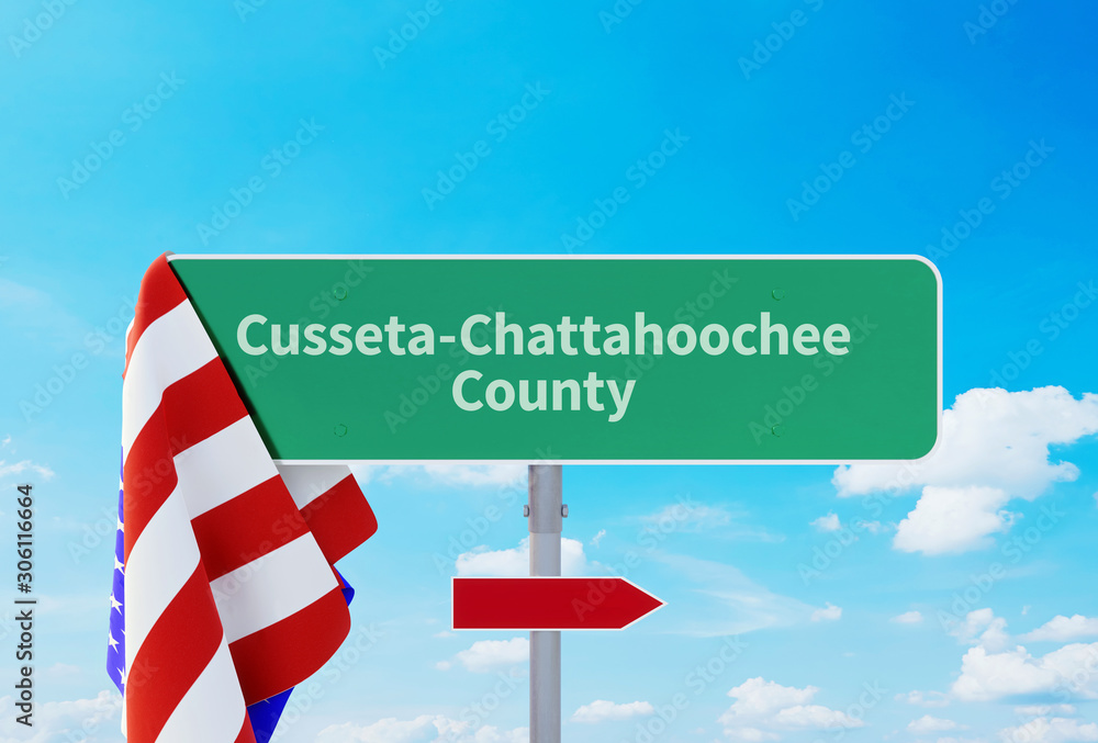CussetaChattahoochee County Road or Town Sign. Flag of the