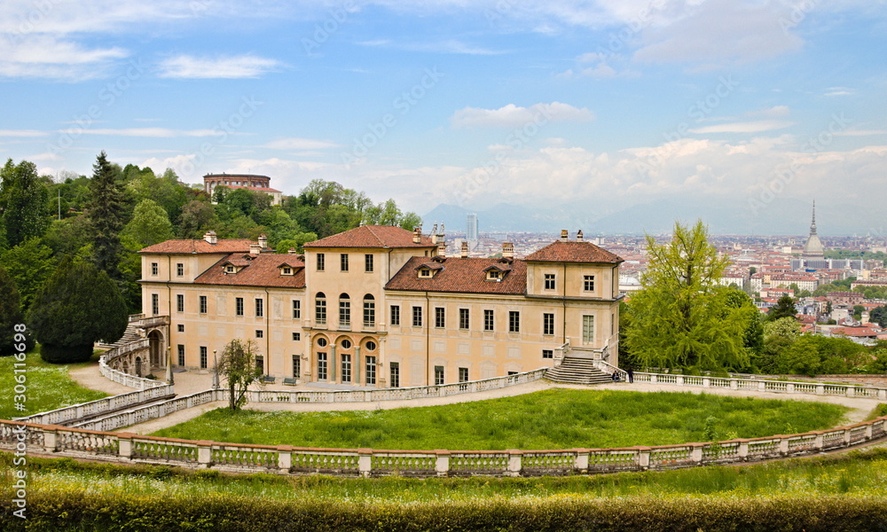 External view of the Villa della Regina in Turin, Piedmont, Italy, with a view over the city center and the Mole Antonelliana
