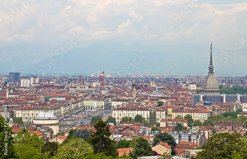 Panoramic view of the city center of Turin  Piedmont  Italy  from the Villa della Regina  with the main monuments  Castle Square  Royal Palace  Vittorio Veneto Square 