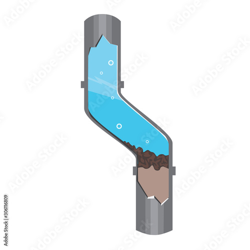 A drain pipe from clogged with rubbish isolated on white background, a flat vector stock illustration as a concept of plumbing problems