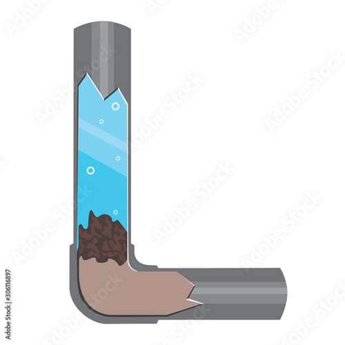 The bend of the pipe is clogged and problems with water drainage Indoor is isolated on a white background, a flat vector stock illustration with sludge in the plumbing and garbage