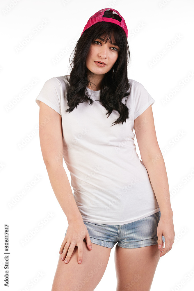 Blank t-shirt mock-up - Beautiful retro sports fashion girl ready for your design Blank t-shirt mock-up - Beautiful retro sports fashion girl ready for your design