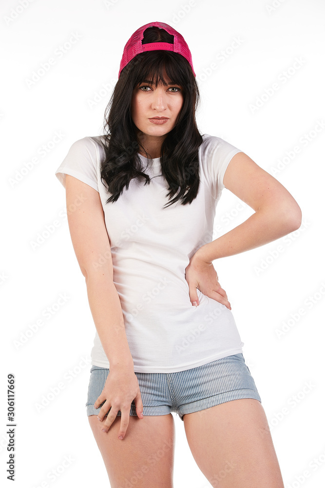 Blank t-shirt mock-up - Beautiful retro sports fashion girl ready for your design Blank t-shirt mock-up - Beautiful retro sports fashion girl ready for your design