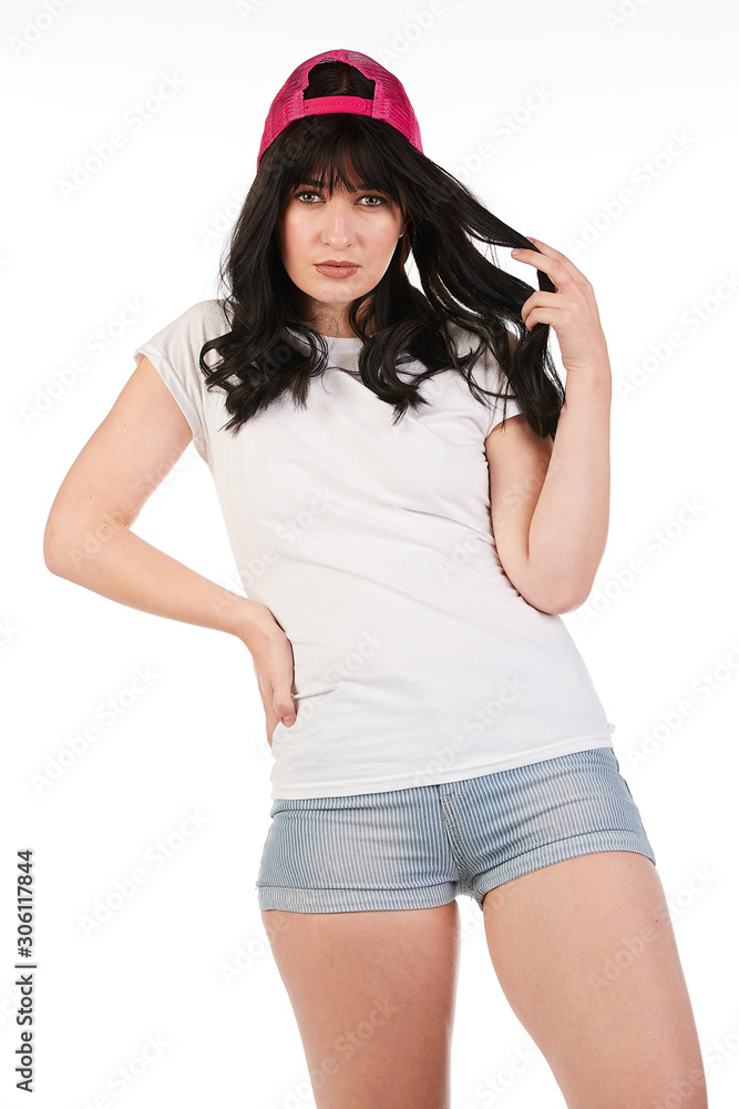 Blank t-shirt mock-up - Beautiful retro sports fashion girl ready for your design Blank t-shirt mock-up - Beautiful retro sports fashion girl ready for your design
