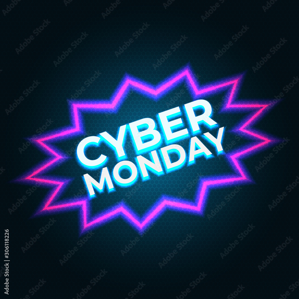 Obraz premium Bright cyber monday banner. Modern vector design promotion poster, web banner. Cyber monday neon flyer. Neon background