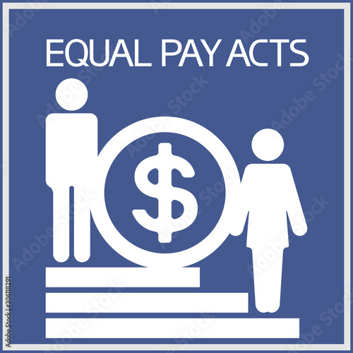 Equal pay act. Image of a man and a woman standings at different heights on a rung and a financial sign.