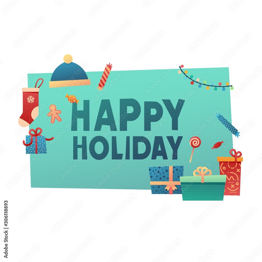 Template design banner for Happy holiday offer. Flat vector style flyer with christmas decoration elements. Design Xmas frame with garland and wreath. New year label geometric shape cartoon style. Template design banner for Happy holiday offer. Flat vector style flyer with christmas decoration elements. Design Xmas frame with garland and wreath. New year label geometric shape cartoon style.