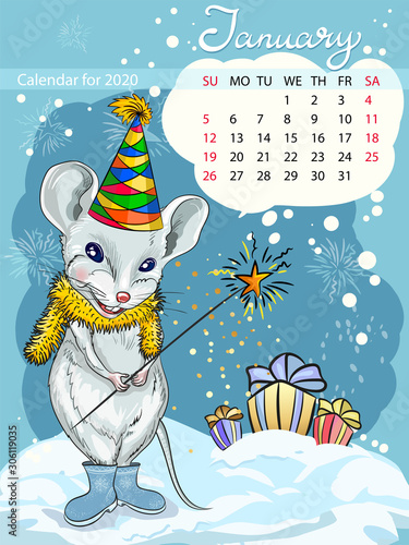 Calendar for the year 2020 of the white rat. Handwritten inscription of the month January. Winter greeting card happy New year and Christmas. The image of the mouse.