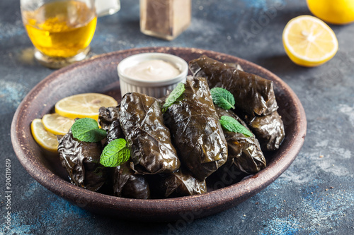 Dolma - stuffed grape leaves with rice and meat