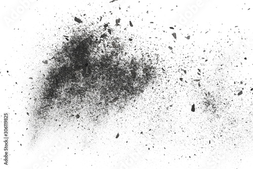 Black charcoal dust explosion, gunpowder isolated on white background and texture, top view