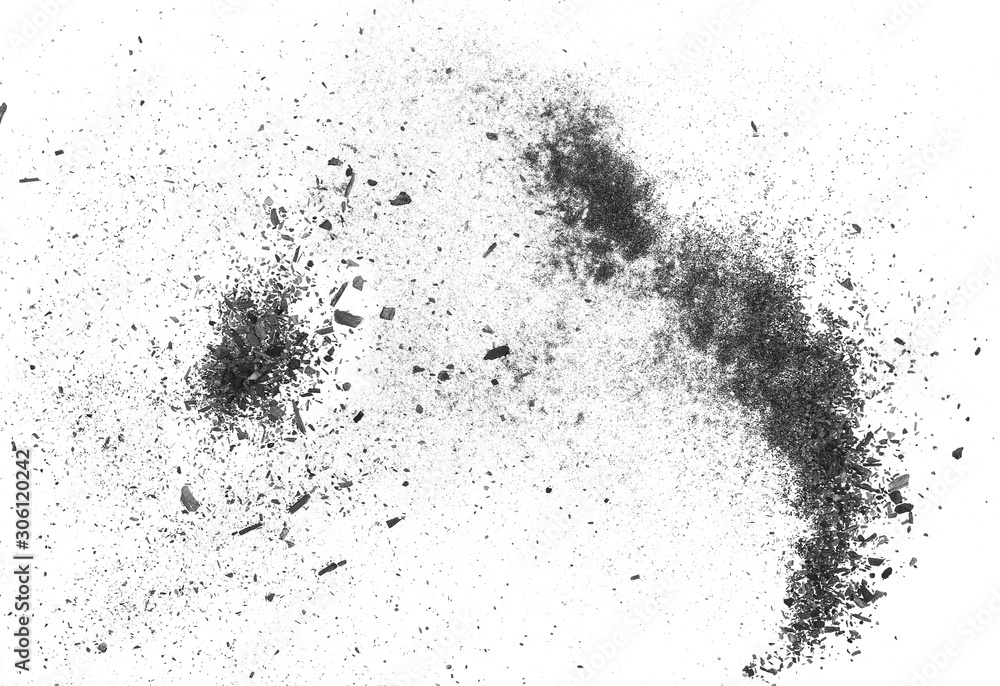 Obraz premium Black charcoal dust explosion, gunpowder isolated on white background and texture, top view
