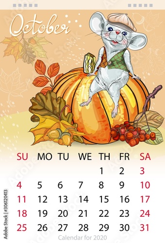 Calendar for the year 2020 of the white rat. Handwritten inscription of the month October. Decorative greeting card-happy thanksgiving. Image of a mouse with a pumpkin.