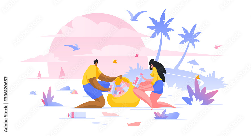 Volunteers cleaning beach flat vector illustration man and woman, social workers cartoon characters