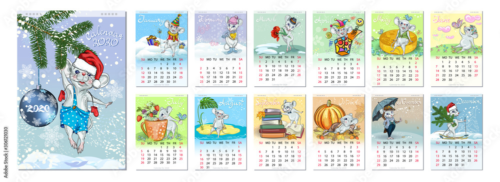 Calendar 2020 year of the rat. 12 months with the holidays. Original seasonal compositions with mice are presented.