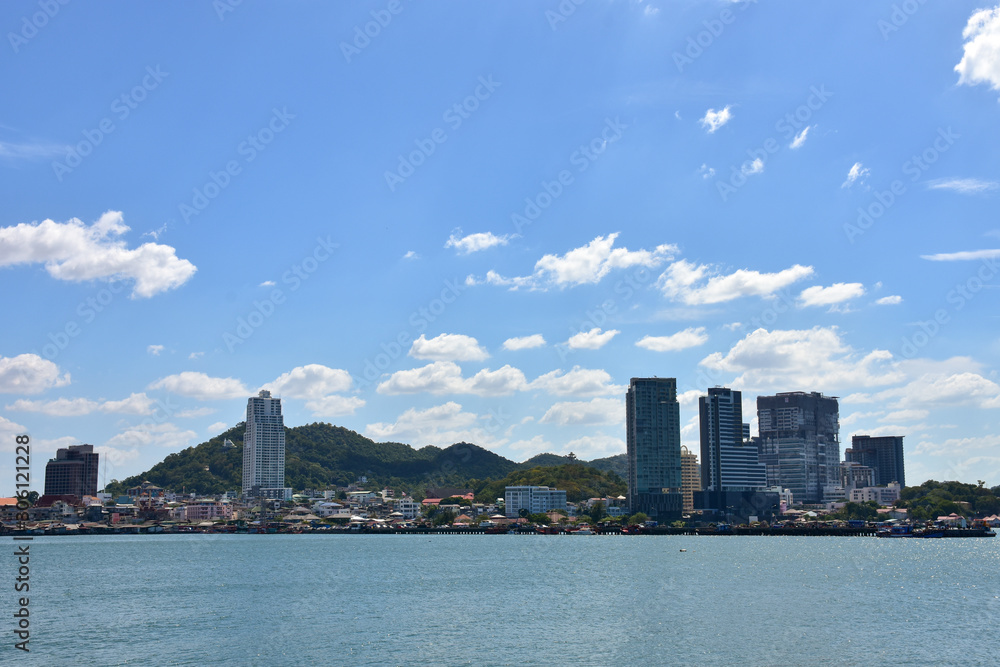 City landscape, sea and bright blue skies and cloudy. Pattaya, Cholbury ,Thailand.