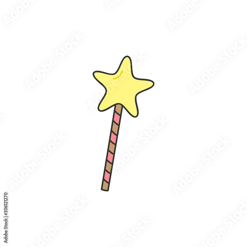 Magic wand vector illustration. Princess, magic fairy godmother star wand. Hand drawn isolated, outlined icon, sticker.