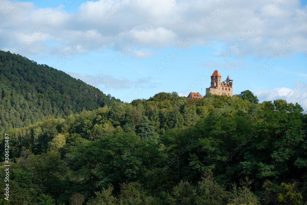 The medieval castle Berwartstein towers over the small town Erlenbach in the Palatinate Forest The medieval castle Berwartstein towers over the small town Erlenbach in the Palatinate Forest