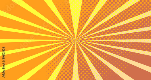 Vintage colorful comic book background. Orange blank bubbles of different shapes. Rays  radial  halftone  dotted effects. For sale banner empty Place for text 1960s. Copy space vector eps10.