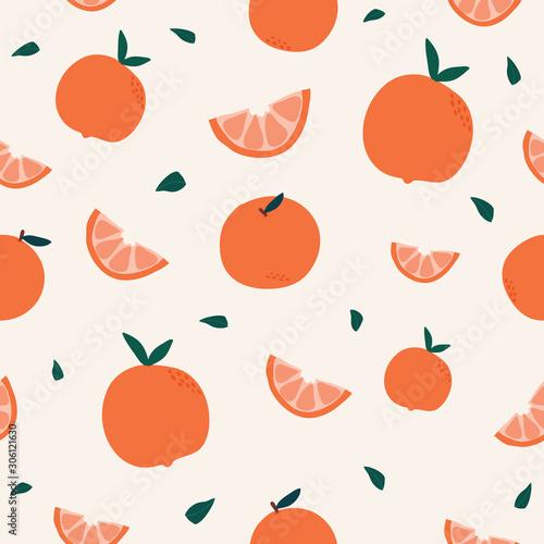 Seamless pattern with a sprig of tangerines and leaves, Cute fruit hand drawn vector.