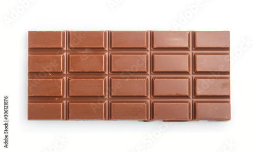milk chocolate bar isolated on white background. top view