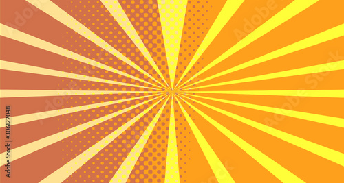 Vintage colorful comic book background. Orange blank bubbles of different shapes. Rays  radial  halftone  dotted effects. For sale banner empty Place for text 1960s. Copy space vector eps10.