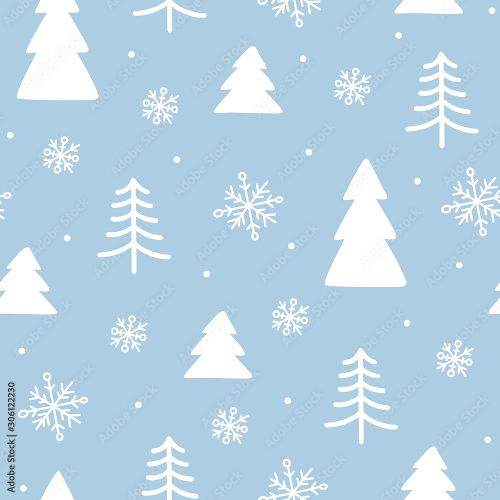 Seamless winter doodle background. New year and Christmas wrapping paper with symbols of winter holidays