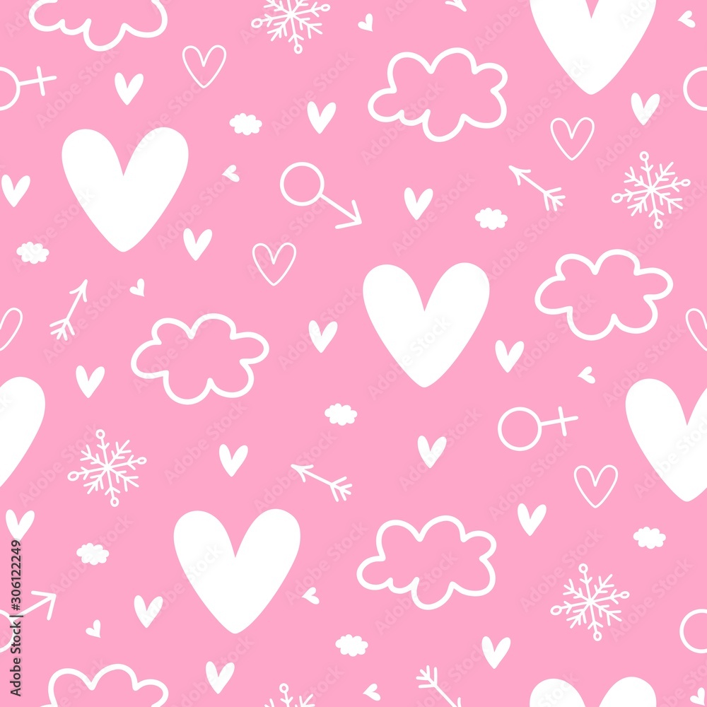 Never-ending seamless pattern with hearts, clouds, arrows, venus, mars and snowflakes. Happy St. Valentines background