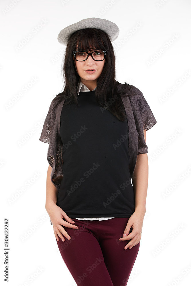 Blank t-shirt mock-up - Cute preppy, fashion geek girl ready for your design Blank t-shirt mock-up - Cute preppy, fashion geek girl ready for your design
