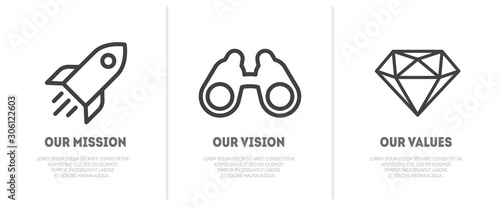 Simple flat icon for visualisation of Mission, Vision and Values of company