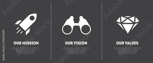 Simple flat icon for visualisation of Mission, Vision and Values of company