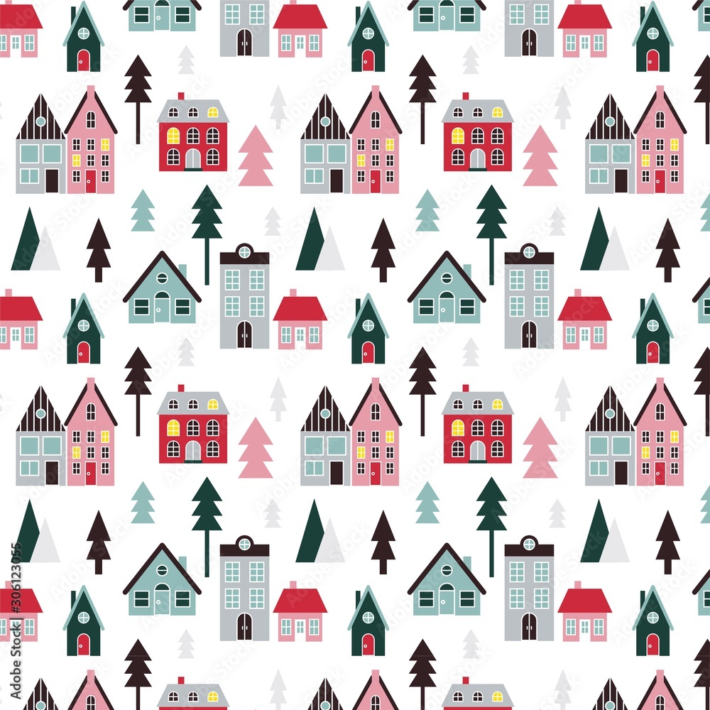 Holiday scandinavian style seamless pattern. Xmas trees and traditional houses in festive colors for greeting cards, fabric or wrapping paper