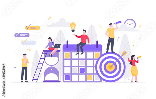 Tiny people characters working together with calendar schedule and fill out task on week schedule. Teamwork and time management concept flat style design vector illustration isolated white background.