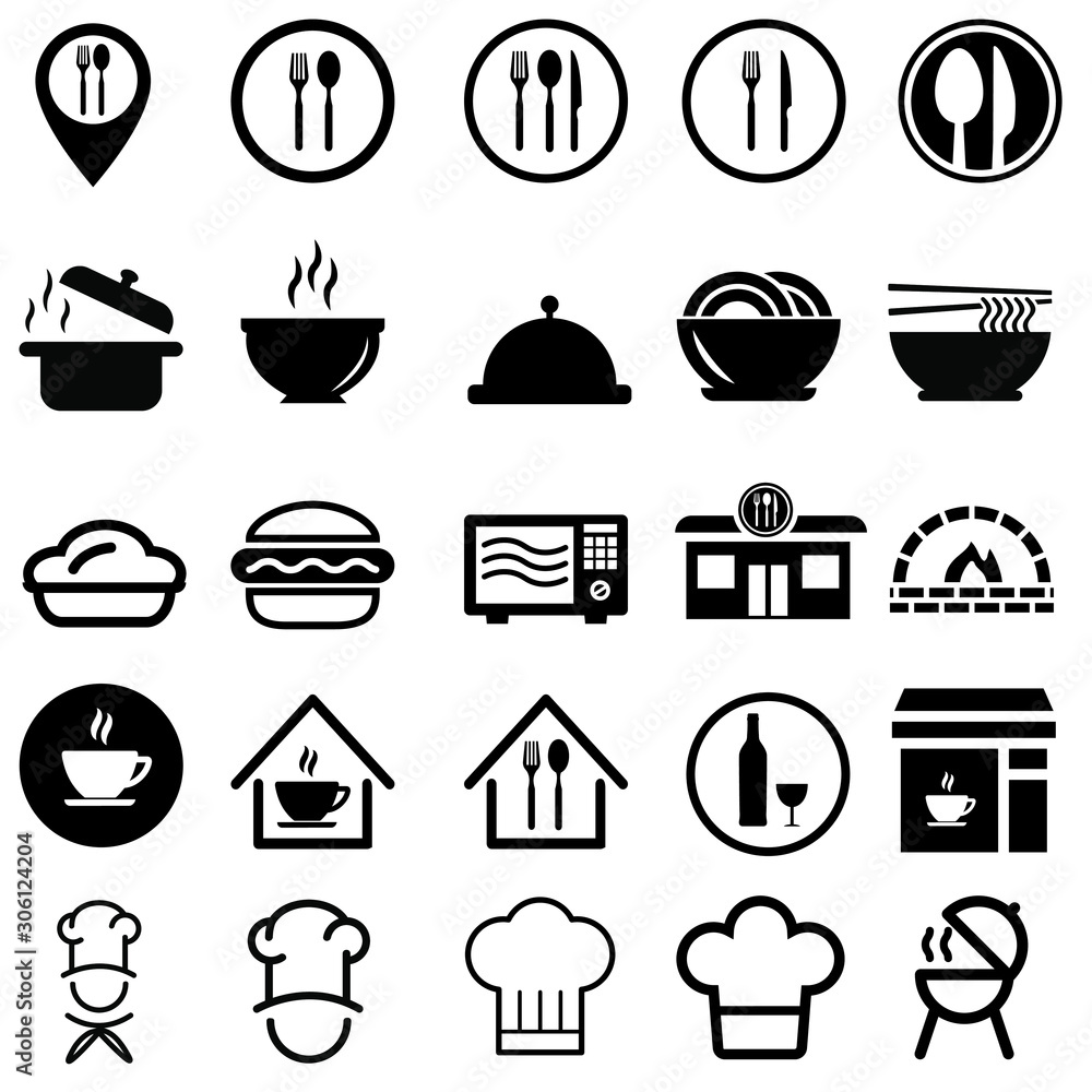restaurant related vector icon set. cafe illustration symbol collection. chef sign, cook logo.