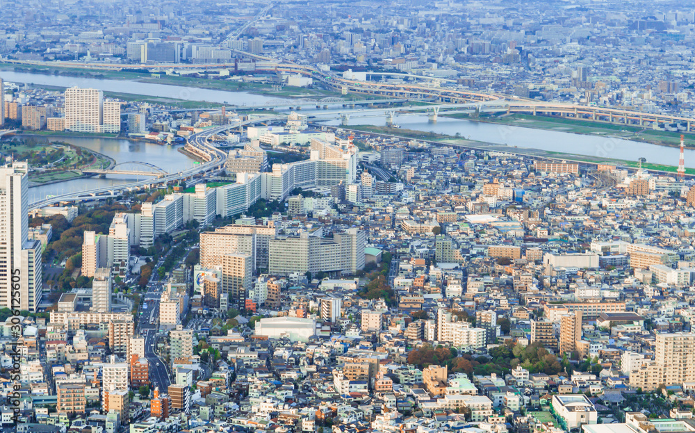 View from 350 meters height from Tokyo sky tree on sumida northeastern Tokyo Arakawa and sumida rivers