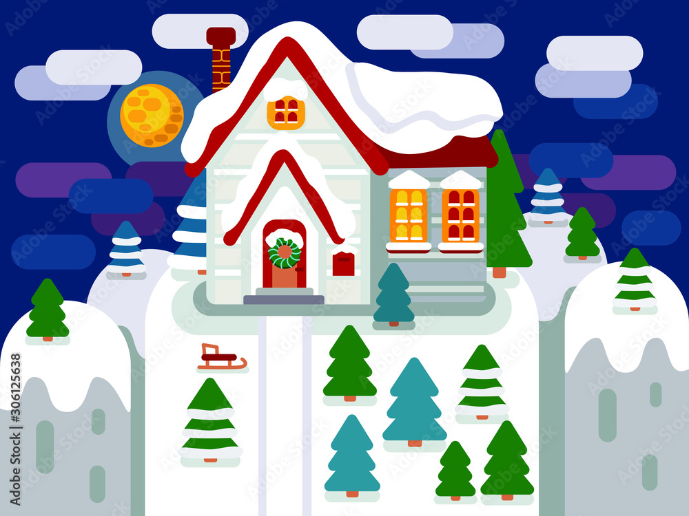 Vector illustration, greeting card. Winter house in the snowy mountains during the night. Christmas trees grow on the mountains, the moon in the sky and clouds float. All objects are animated.